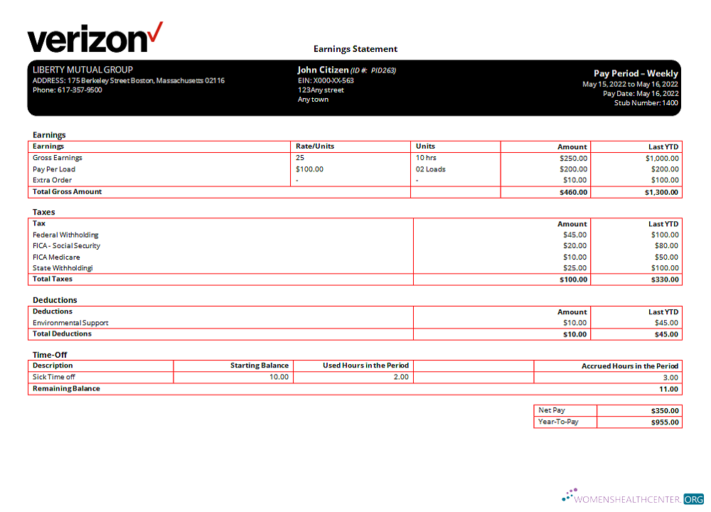 Download USA Verizon telecommunication company pay stub Photoshop template